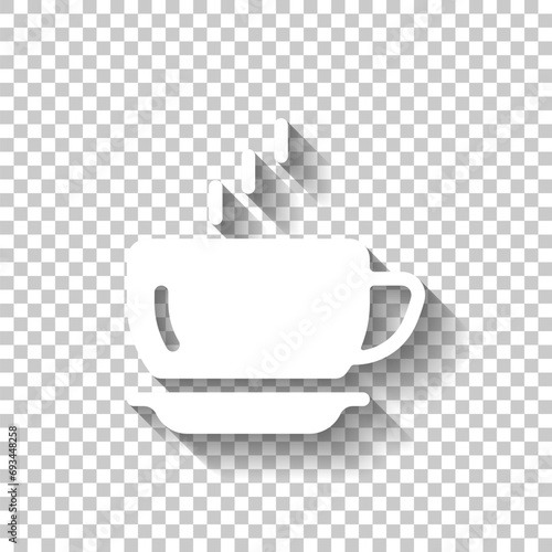 Hot cup of coffee, simple logo. White icon with shadow on transparent background