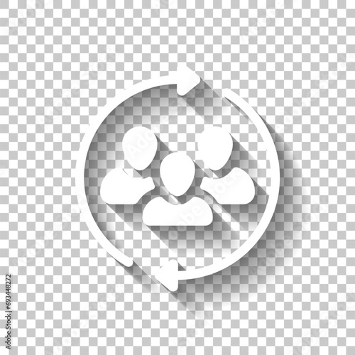 Group of people, teamwork or business community, social icon. White icon with shadow on transparent background