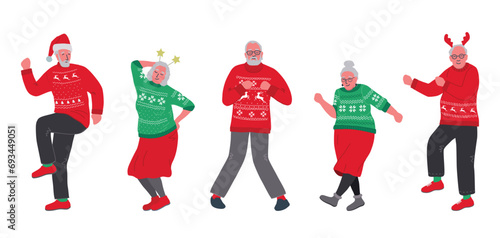 Ugly Christmas Sweater Party. Happy senior people in red and green Christmas sweaters are dancing. Holiday vector illustration