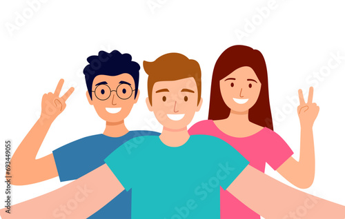 Group of three friends taking a selfie and smiling at camera. Friendship. 