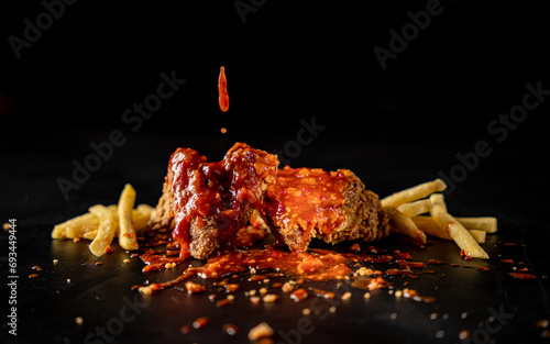 Hot and spicy fast food fired chicken broast with ketchup with fries black background  photo