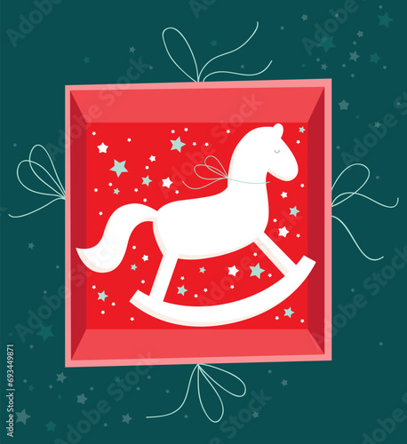 Christmas illustration of the rocking horse  toy in the gift box