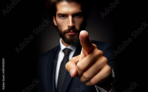Businessman pointing his finger forward Man holding out index finger on black background photo