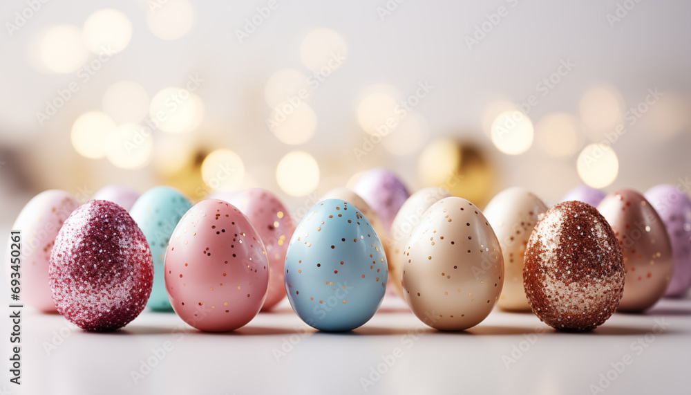 Easter pastel eggs decorated with sparkles on a bokeh background. background for a postcard for Easter. Easter pastel eggs decorated with sparkles on a bokeh background. background for a postcard for Easter.