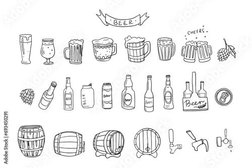 Big set of beer and glass of beer. Mug with beer, barrel. Great for bar menu design, packaging, pub. Hand drawn. Doodle style.
