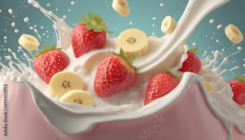 fruits in milk, healthy smoothie concept with strawberrys, sliced bananas and milk