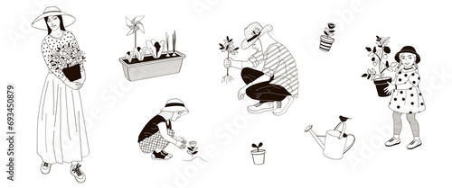 woman with flowers pot, man in a protective hat, kids boy and girl take measures against the solar radiation and UV ultraviolet during gardening black and white linear vector illustration