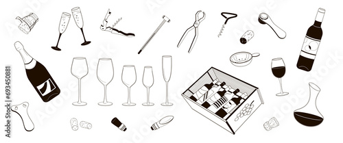 Set elements about wine tasting. wine Bottles, glasses, corks, corkscrew, vine experts tools, black and white linear vector illustration