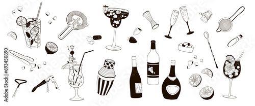 elements about bar, cocktails, ice, corkscrew, shaker, barman tools, black and white linear vector illustration