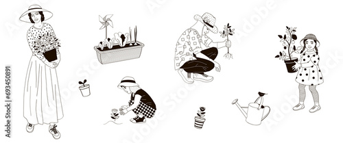 African American family  man and women  kids boy and girl take measures against the solar radiation and UV ultraviolet during gardening  black and white linear vector illustration