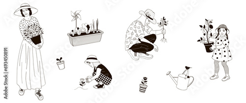 African American family, man and women, kids boy and girl take measures against the solar radiation and UV ultraviolet during gardening, black and white linear vector illustration
