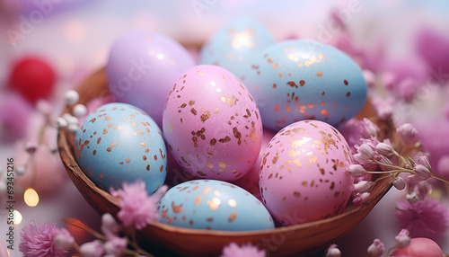 Easter pastel eggs decorated with sparkles on a bokeh background. background for a postcard for Easter.