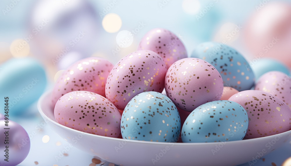Easter pastel eggs decorated with sparkles on a bokeh background. background for a postcard for Easter. Easter pastel eggs decorated with sparkles on a bokeh background. background for a postcard for Easter.