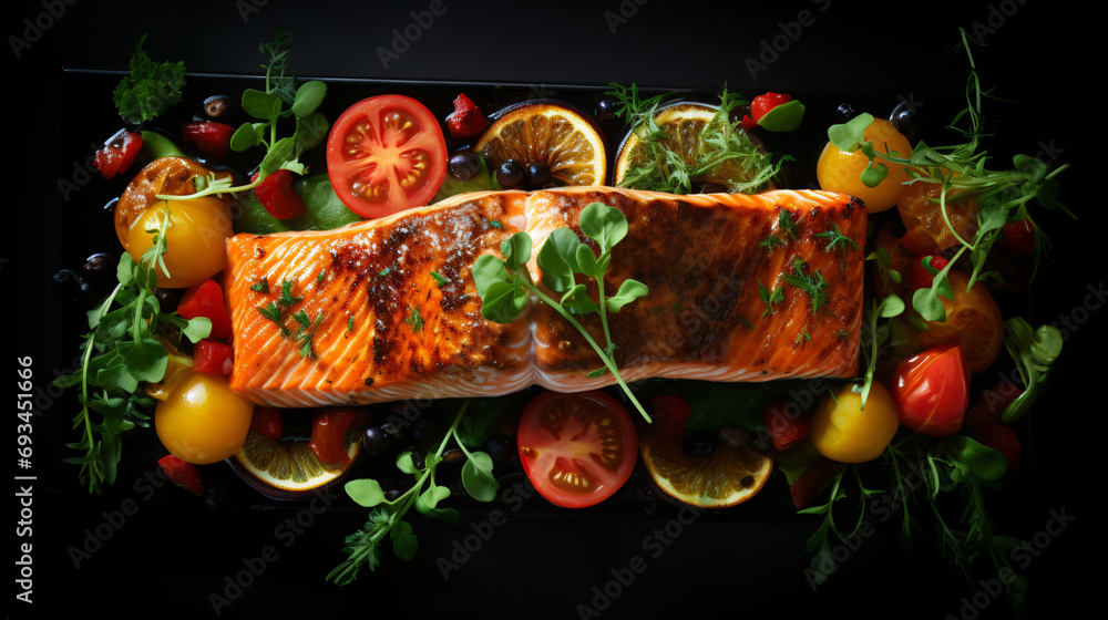 A view from above of a roasted salmon steak
