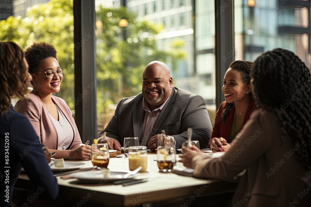 Inclusive corporate boardroom scene, highlighting a successful presentation by a plus-size executive, breaking down stereotypes in the business world