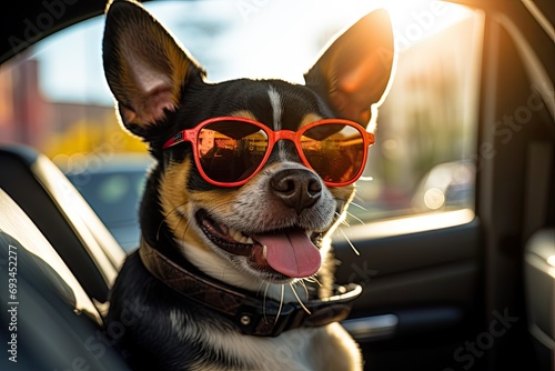 Cute dog sits in the back of the car ready for a holiday trip.by Generative AI © chartchai