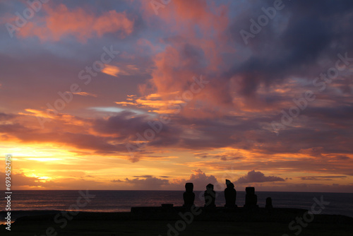 Silhouette of the Ahu Tahai ceremonial complex at sunsetEaster Island, Rapa Nui, Polynesia, Chile, South America