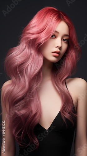 Style asian beautiful lady with red color curve hair