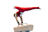 male gymnast performing on pommel horse competition artistic gymnastics isolated on transparent background
