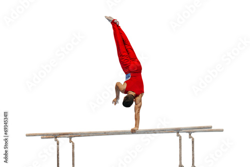 Foto male gymnast performing on parallel bars competition artistic gymnastics isolate