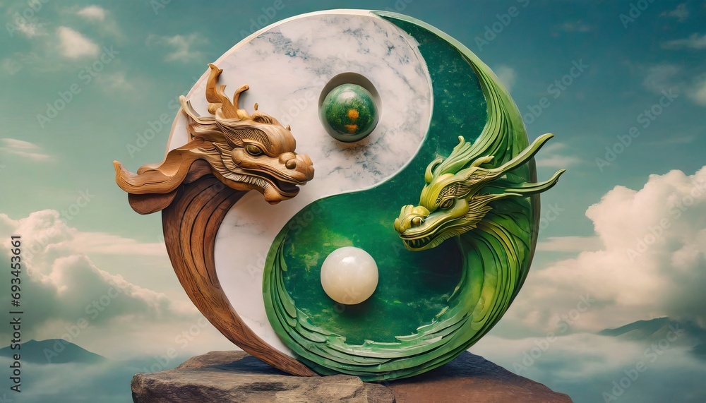 Obraz na płótnie yin and yang wood and jade chinese dragon statue new year festive  w salonie