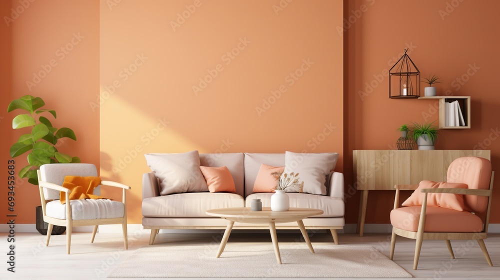 Fototapeta premium Contemporary living room design featuring 2024's Color of the Year, Peach Fuzz, as the wall paint, creating a stylish and modern interior ambiance