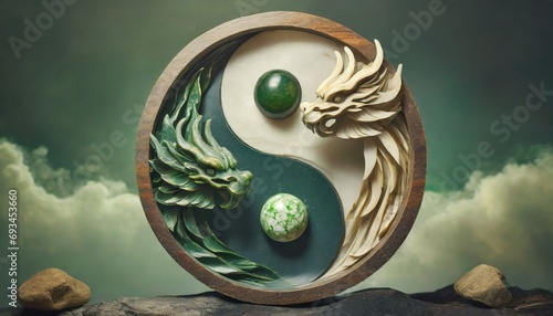 yin and yang wood and jade chinese dragon statue new year festive  photo
