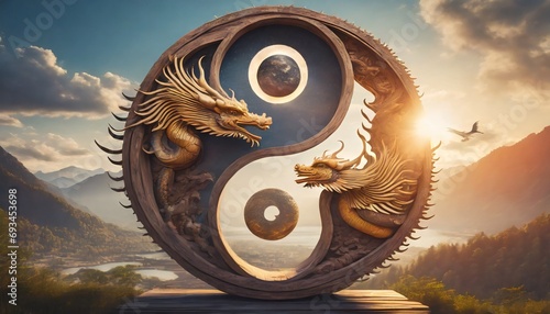 abstract yin and yang wood and dragon statue new year festive chinese poster photo