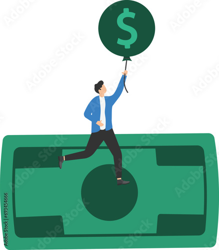 Businessmen float with air balloons. The product has increased in value. Inflation causes prices to skyrocket. The currency is strengthening. Vector illustration.

