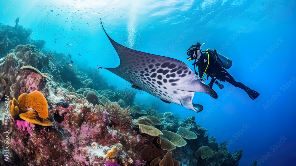 Fototapeta premium Diver observing reef manta ray Marine life underwater in blue ocean