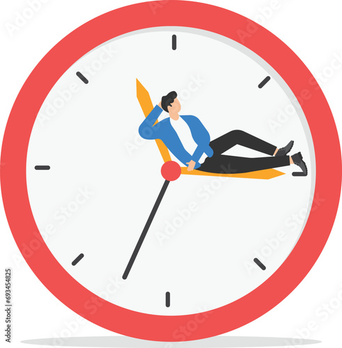 Wasted time, procrastination or slow life, lazy to work, low productivity or efficiency, self discipline problem, tired or no motivation concept, lazy businessman sleeping on the time running clock.

