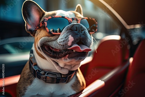 Cute dog sits in the back of the car ready for a holiday trip.by Generative AI photo