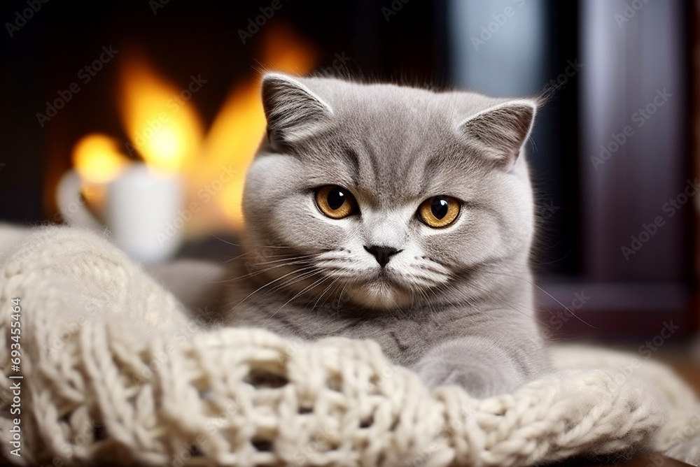 A British cat warms itself in winter near the fireplace. A British cat warms itself in winter near the fireplace.
