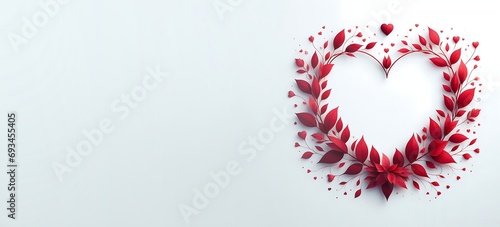 Red leaves frame with heart shape on white background with copy space for text, generative ai photo