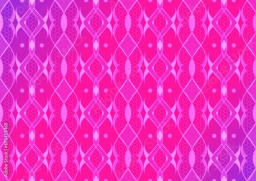 Hand-drawn abstract seamless ornament. Neon gradient (plastic pink to proton purple) background and glowing pattern on it. Cloth texture. Digital artwork, A4. (pattern: p12c) photo