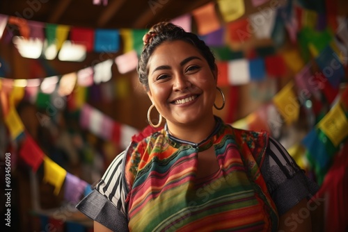 mestizo woman with asian traits wearing traditional dress for the festa junina with colorful flags in the background photo