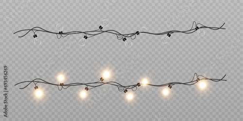 Christmas glowing garlands. Christmas lights isolated on transparent background. For congratulations, invitations and holiday design. photo