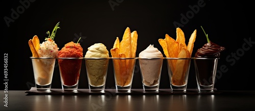 French fries with Belgian beers and various dipping sauces in a bar, served in a wire cone. photo