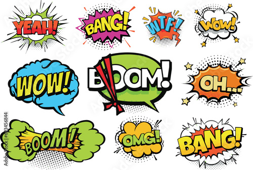 Comic Book Pop Art Elements. Cartoon comic sign burst clouds. boom sign expression and pop art text frames. Wow, bang, omg ... Set of comic speech bubbles with halftone shadows.Vector illustration V8.