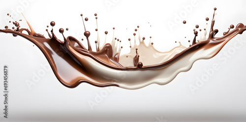 Chocolate with milk fluid splash texture. Swirl flow of a wave of chocolate with drops