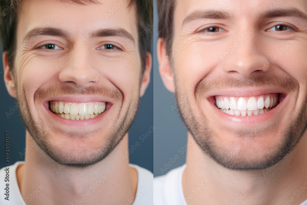 tooth whitening with a captivating before-and-after snapshot, featuring a beaming man showcasing a dazzling white smile. tooth whitening with a captivating before-and-after snapshot, featuring a beaming man showcasing a dazzling white smile.