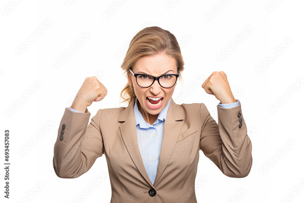 A Young and Attractive Caucasian Woman Expressing Success with a Joyful Scream and Raised Fist. A Young and Attractive Caucasian Woman Expressing Success with a Joyful Scream and Raised Fist.