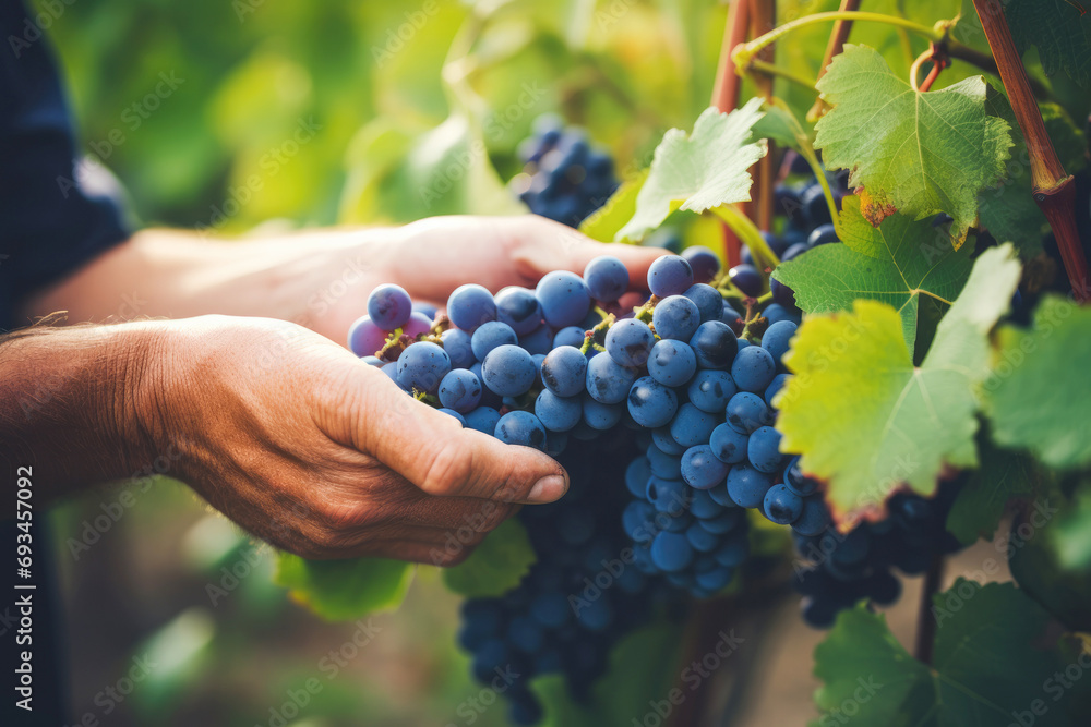 Closeup of a vintner holding a bunch of fresh, red grapes against the vibrant backdrop of a blue sky, showcasing the abundance of the summer harvest.