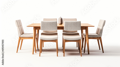 An isolated wooden and fabric dining table and chair
