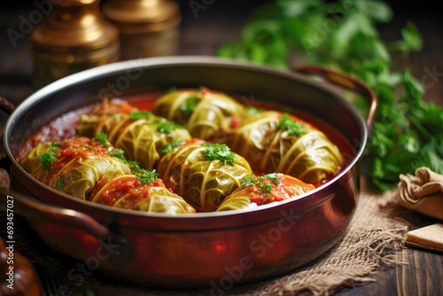 A rustic plate filled with delicious homemade dolma, featuring stuffed cabbage leaves, parsley, and a flavorful blend of vegetarian ingredients, offering a tasty and nutritious option. photo