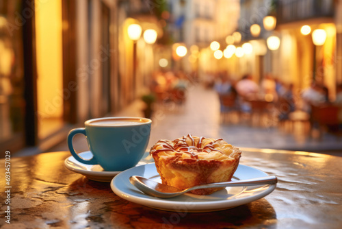 A delightful scene with a pastel de nata, a cup of latte, creating a perfect setting for a cozy meal in a restaurant or bakery. photo