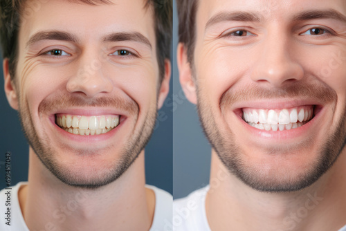 tooth whitening with a captivating before-and-after snapshot, featuring a beaming man showcasing a dazzling white smile.