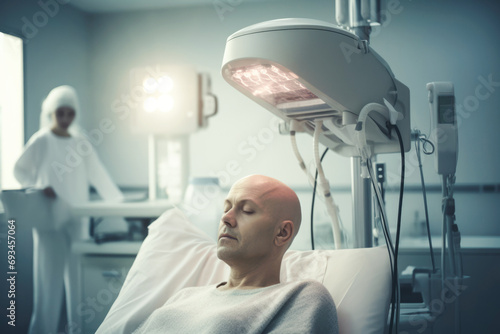 A patient receiving radiation therapy for brain cancer, emphasizing the medical steps taken in oncology.