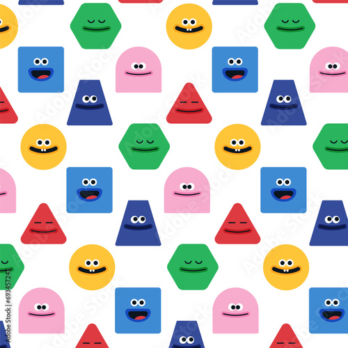 funny character pattern illustration for kids, cartoon face in simple shape, circle and square character, monsters seamless