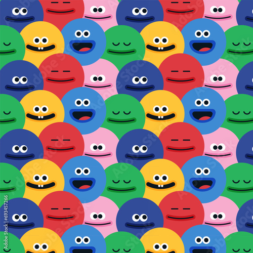 funny character pattern illustration for kids, cartoon face in simple shape, circle and square character, monsters seamless